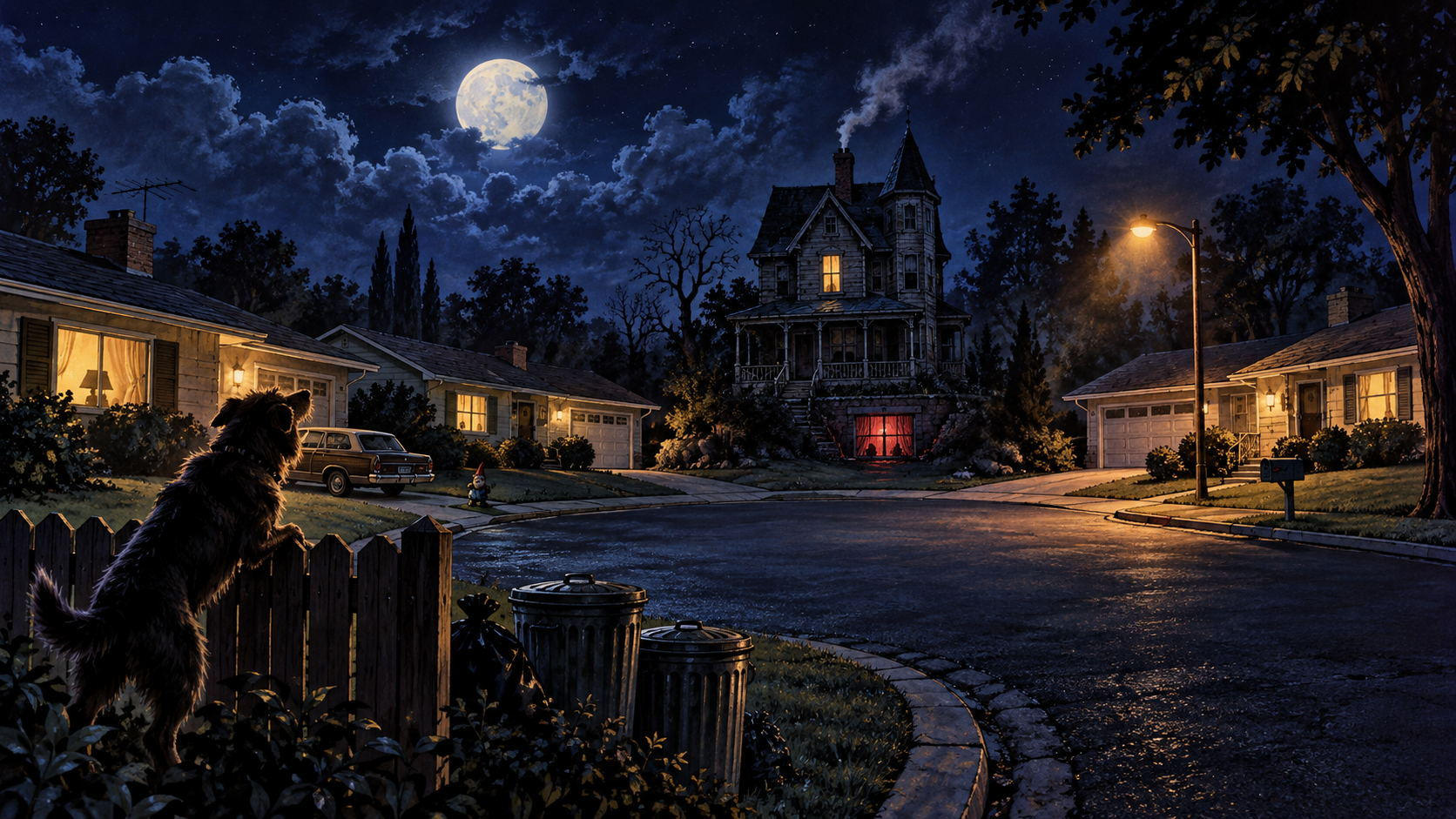 Original tribute artwork of a moonlit suburban cul-de-sac and an ominous old house