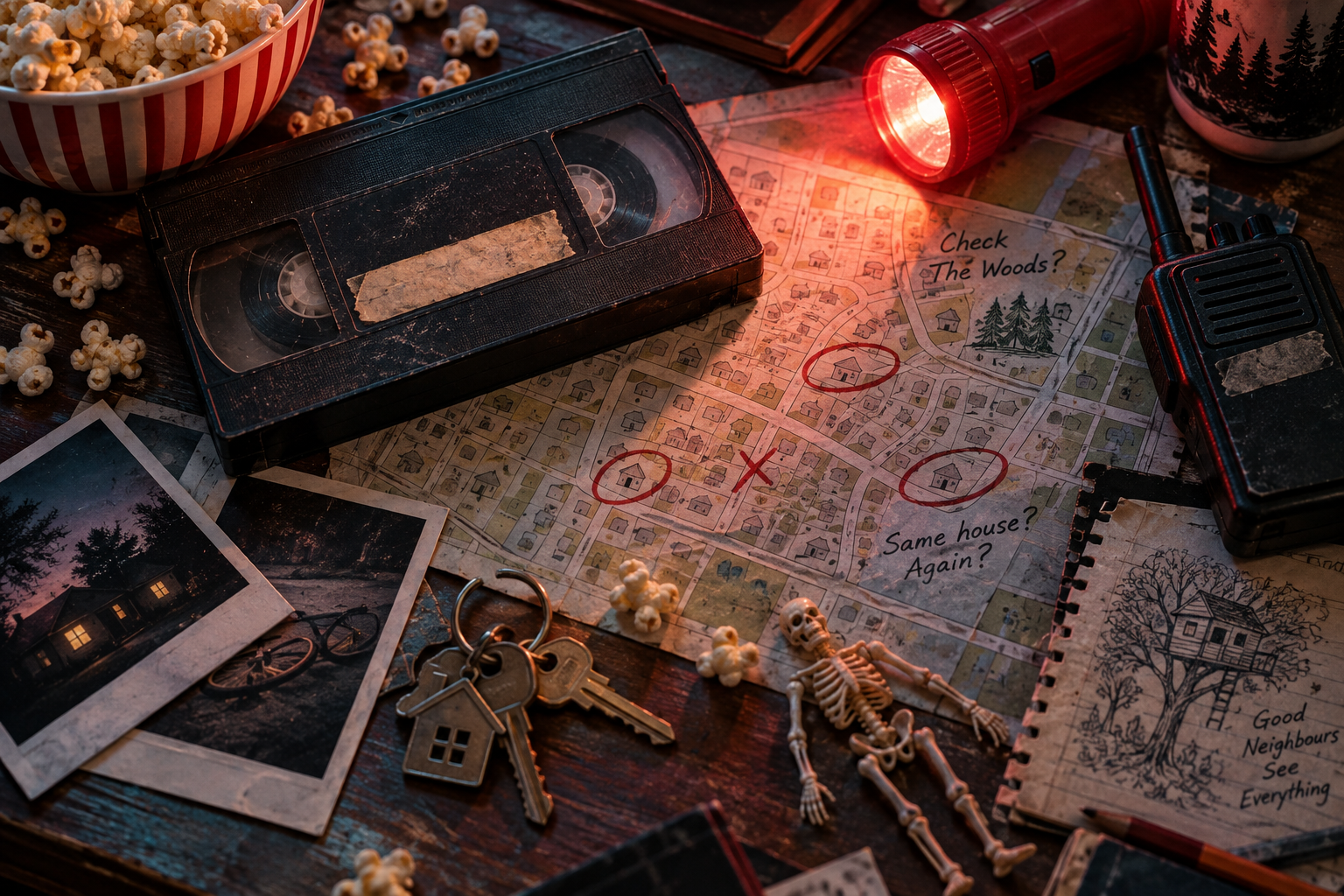 Original artwork of a VHS tape, flashlight, map, keys and neighbourhood investigation notes