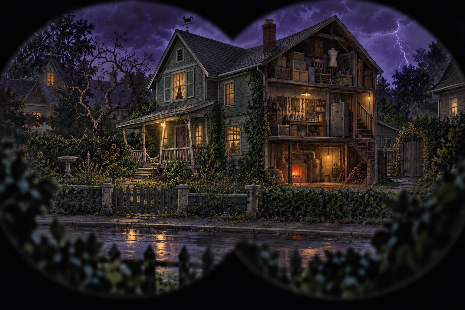 Original cutaway-style artwork of a mysterious suburban house seen through binoculars